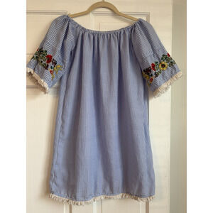 Rebellion Seersucker Mini Dress Size Small Boho Embroidered Tunic Festival Beach